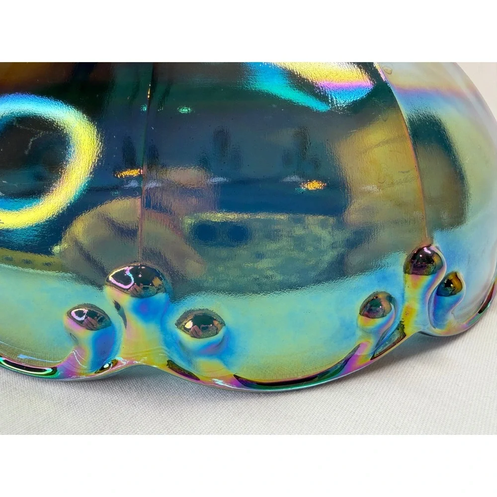 Vtg Iridescent Blue Carnival Glass Compote Scalloped Pedestal Candy Dish 7.25